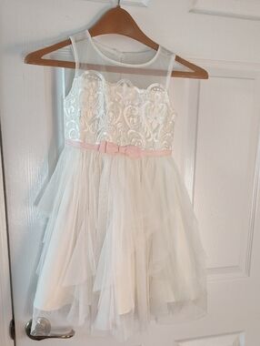 Jona Michelle Ivory Tulle Dress with Pink Waist Bow